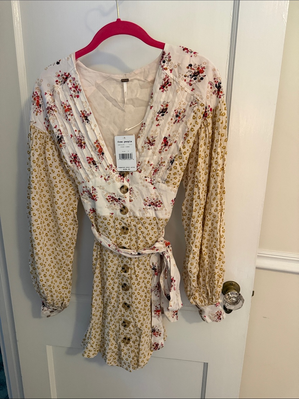Free People Floral Mixed-Print Mini Dress in White, Mustard & Red